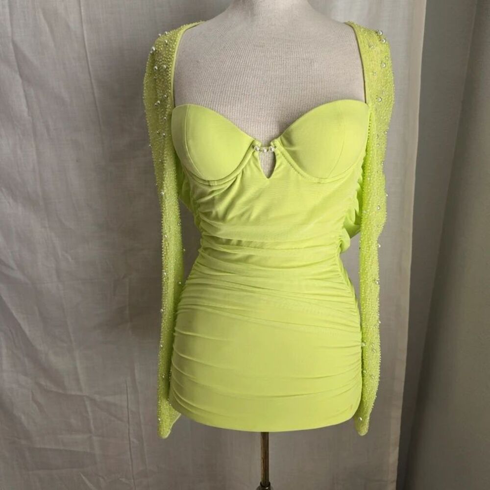 Oh Polly Lime Green Pearl & Bead Mini Dress - Size US 0
